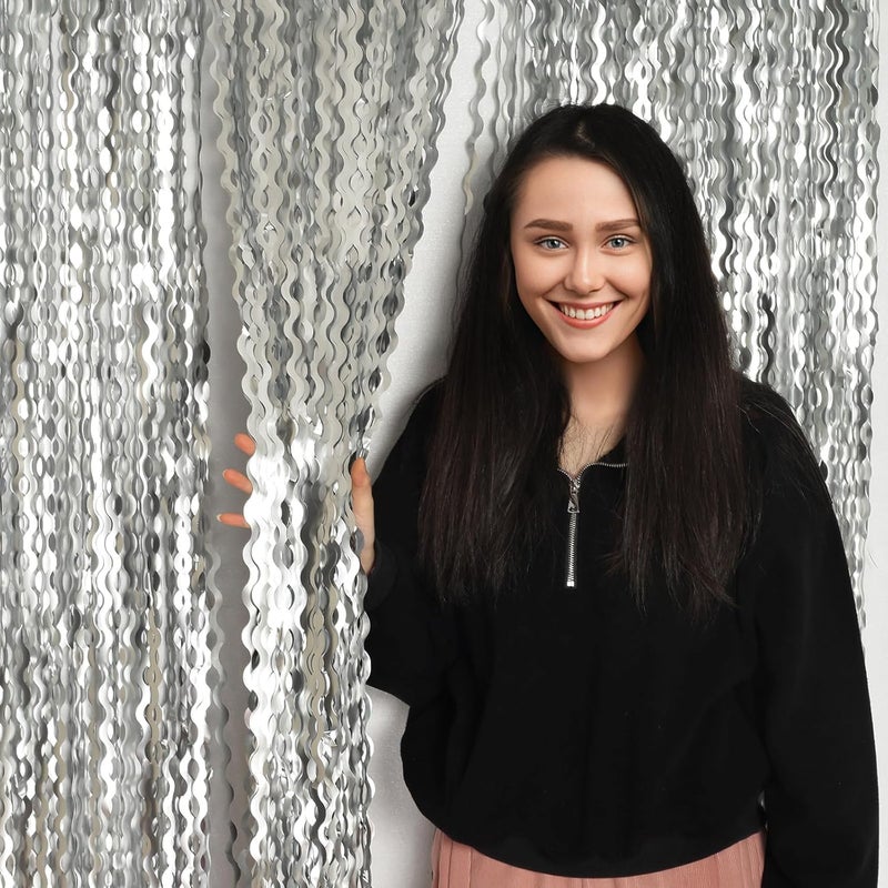 KEEUH 4 Pack 3.3x6.6ft Silver Foil Fringe Backdrop - Wavy Metallic Tinsel Foil Curtains Photo Booth Backdrop for Birthday Wedding Holiday | Silver Streamers Celebration Bachelorette Party Decorations - Image 3
